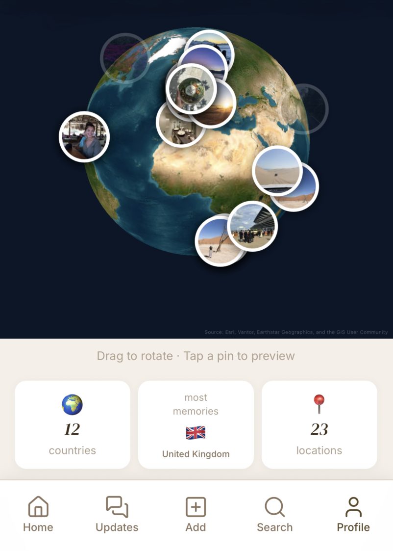 My World — a spinning globe with pins for every place you've made a memory
