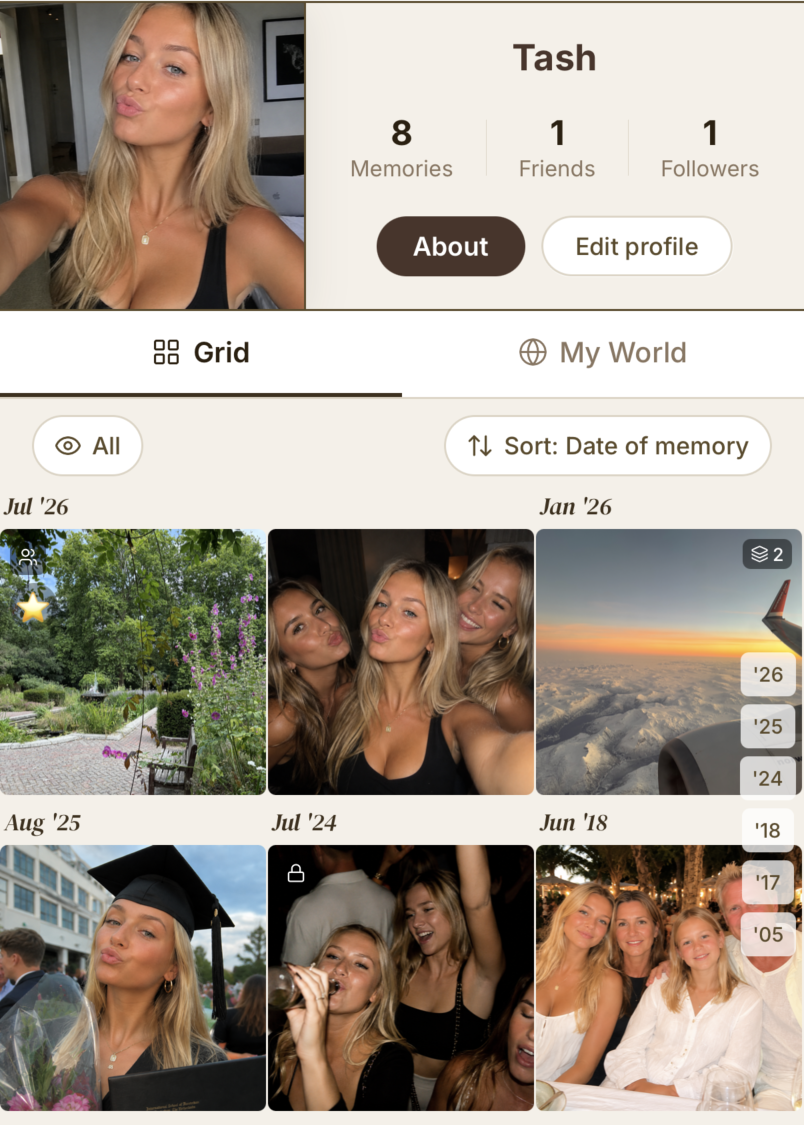 A profile grid showing memories with public, friends, and private visibility